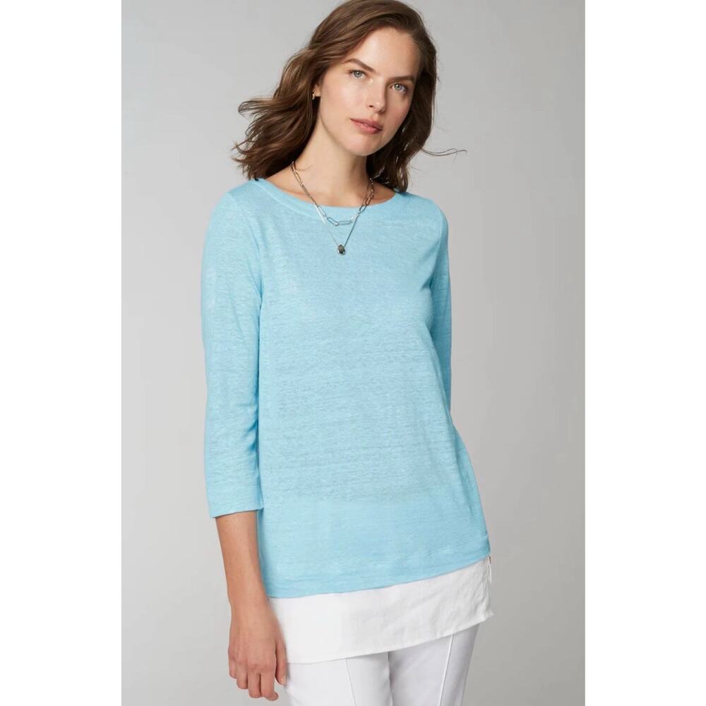 J JILL Love Linen 3/4‎ Sleeve 100% Linen Blue Layered Look Tunic Top L Petite
